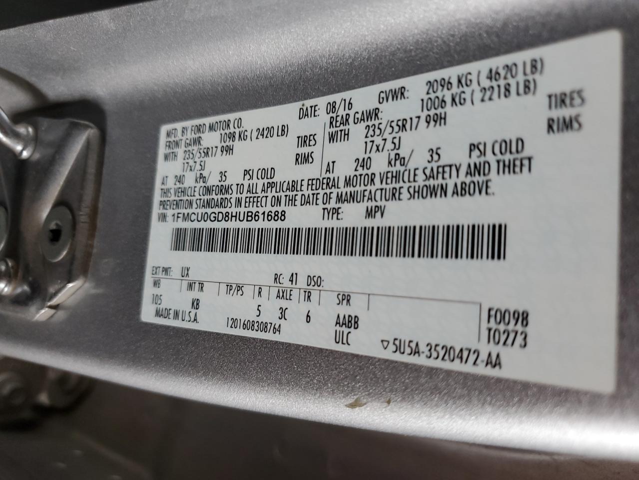 1FMCU0GD8HUB61688 2017 Ford Escape Se