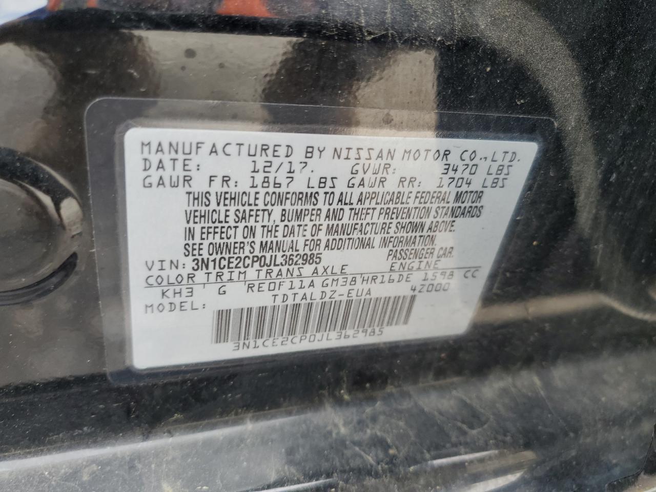 3N1CE2CP0JL362985 2018 Nissan Versa Note S