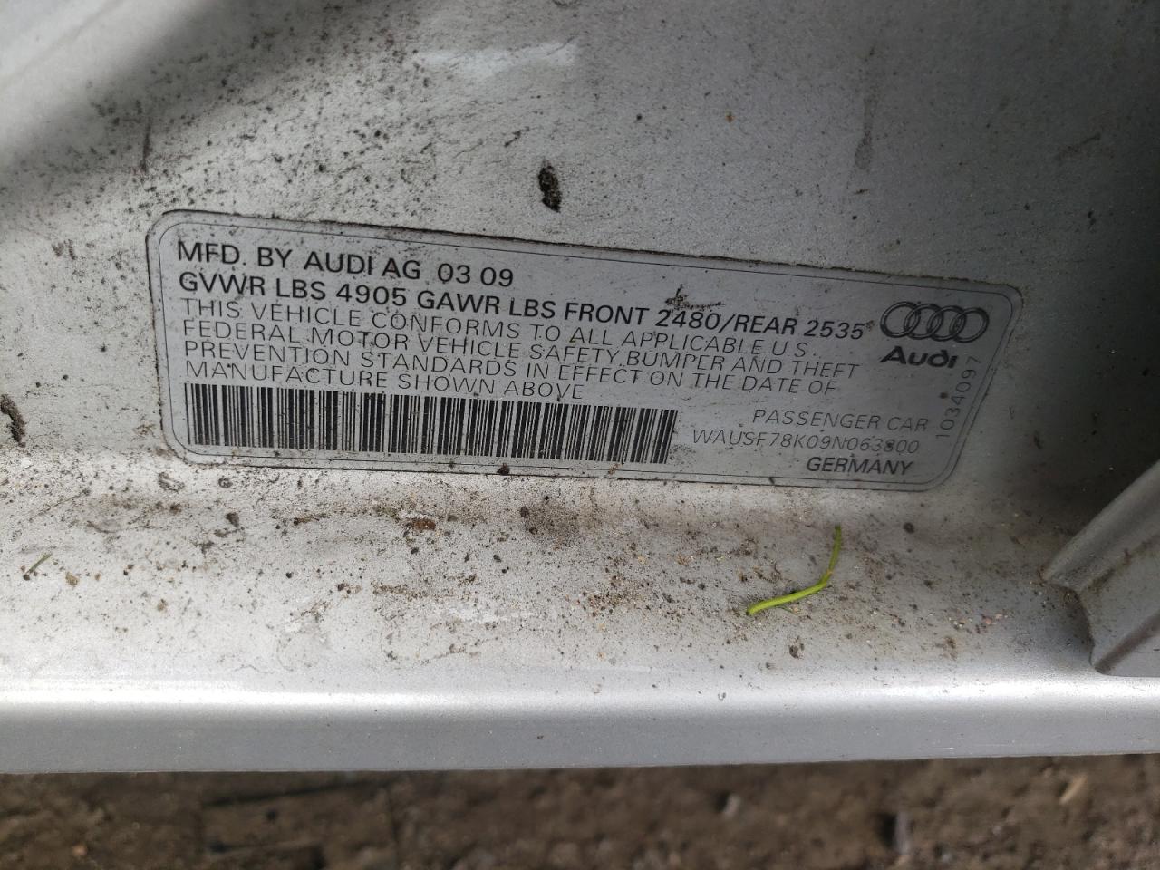 WAUSF78K09N063800 2009 Audi A4 Premium Plus