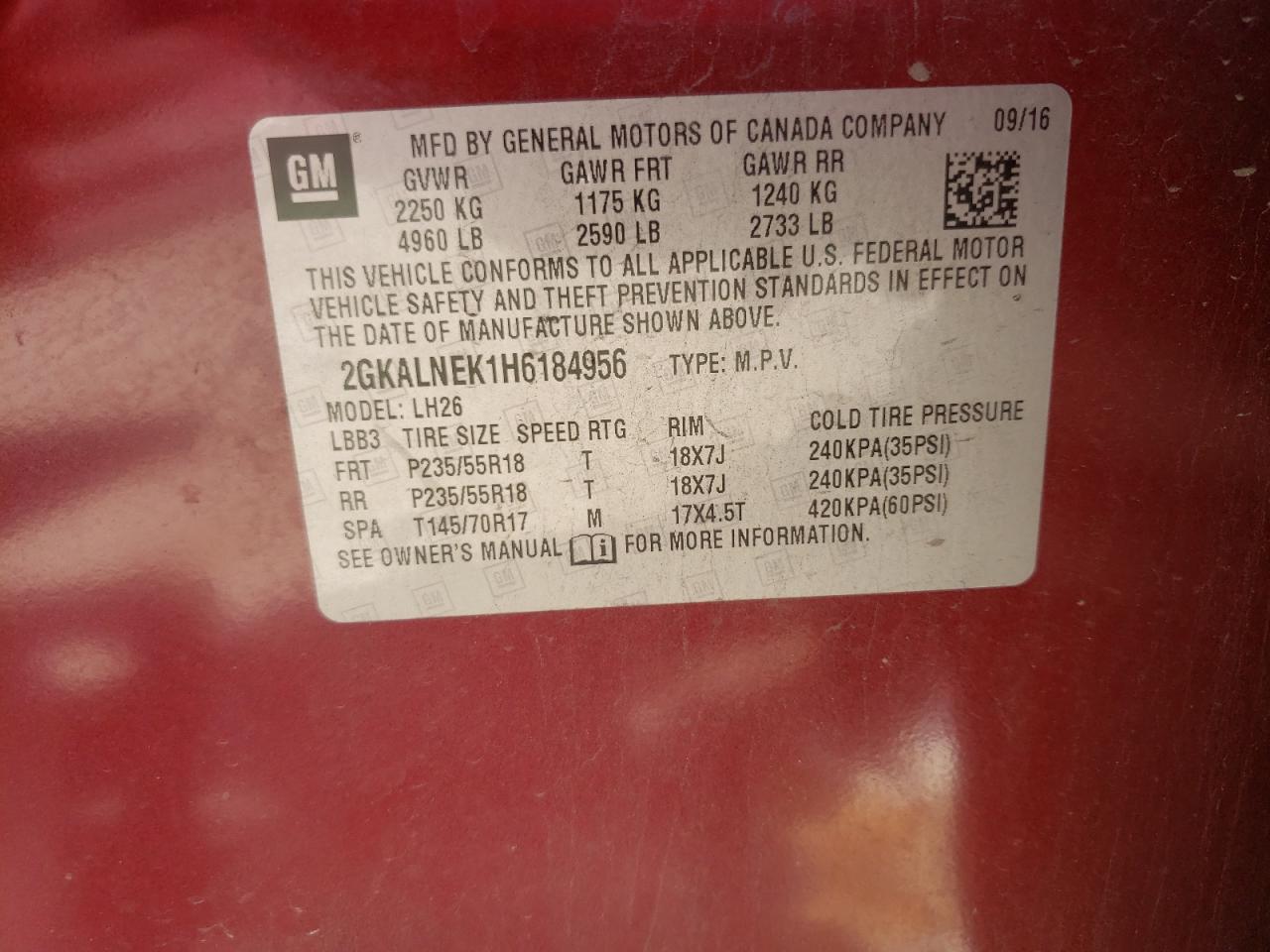 2GKALNEK1H6184956 2017 GMC Terrain Sle