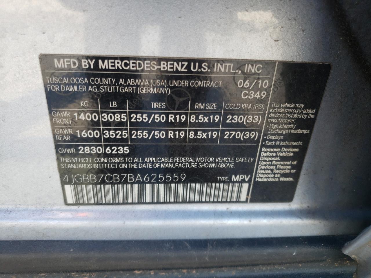 4JGBB7CB7BA625559 2011 Mercedes-Benz Ml 550 4Matic