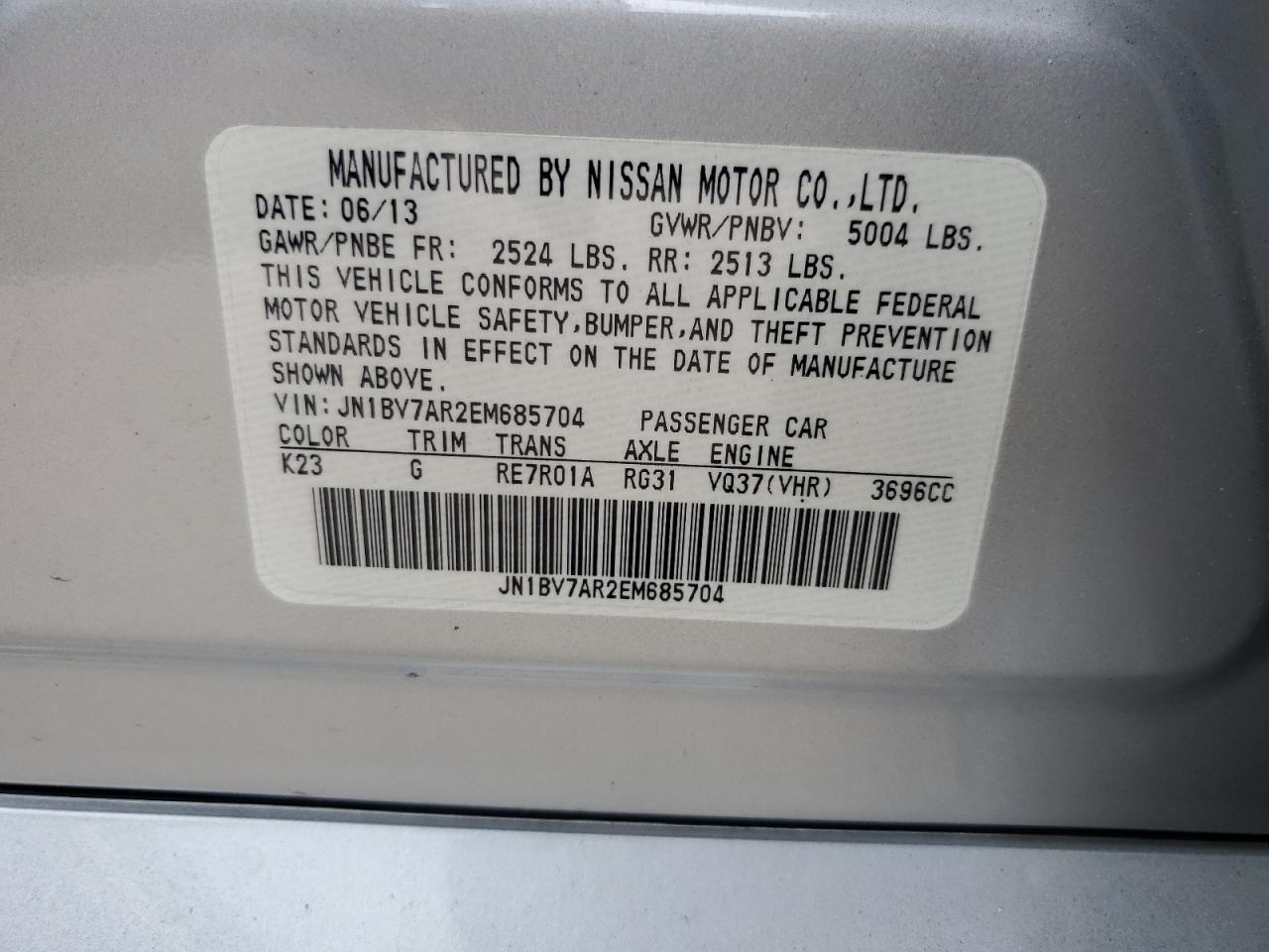 JN1BV7AR2EM685704 2014 Infiniti Q50 Base