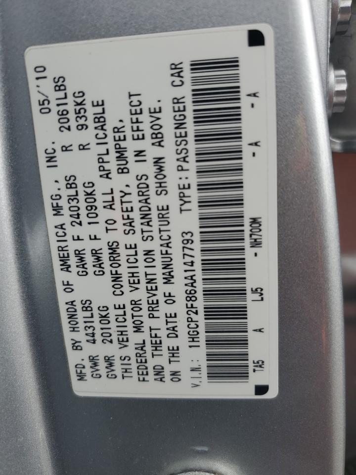 1HGCP2F86AA147793 2010 Honda Accord Exl