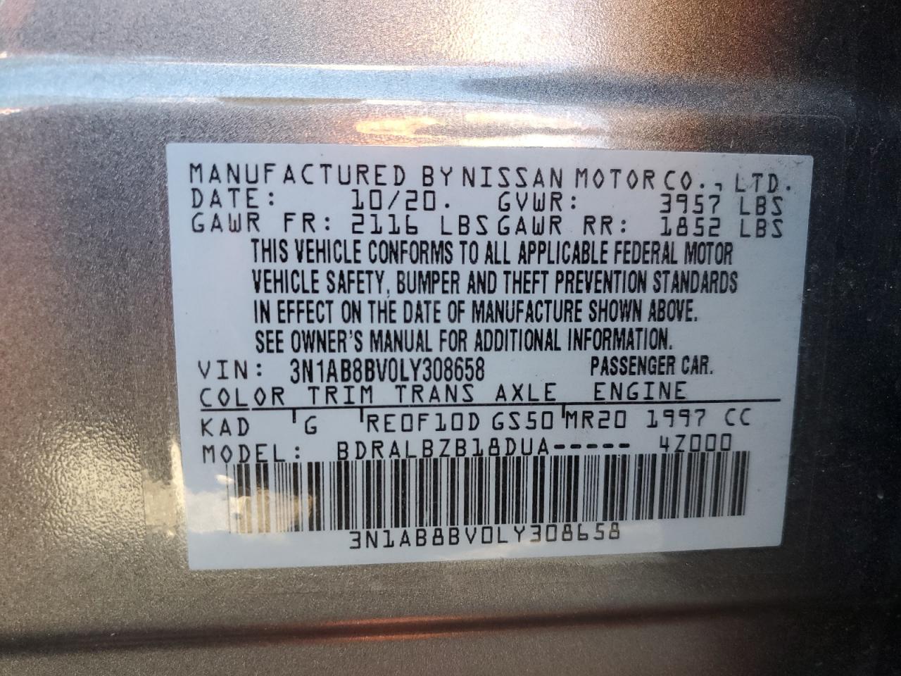 3N1AB8BV0LY308658 2020 Nissan Sentra S