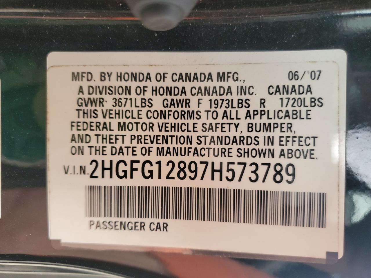 2HGFG12897H573789 2007 Honda Civic Ex