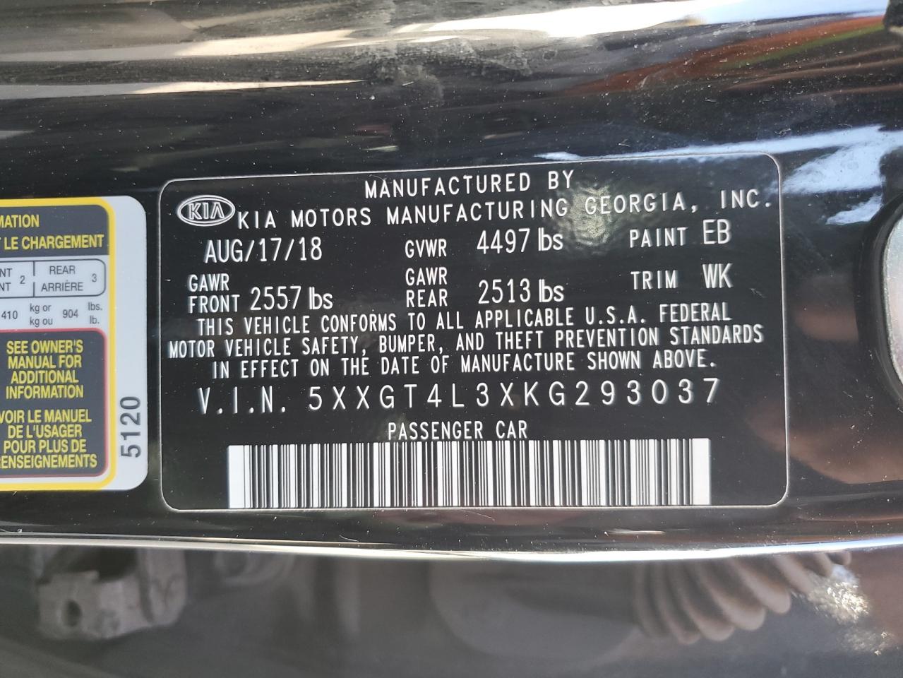 5XXGT4L3XKG293037 2019 Kia Optima Lx