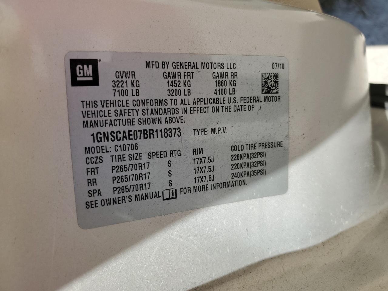 1GNSCAE07BR118373 2011 Chevrolet Tahoe C1500 Ls