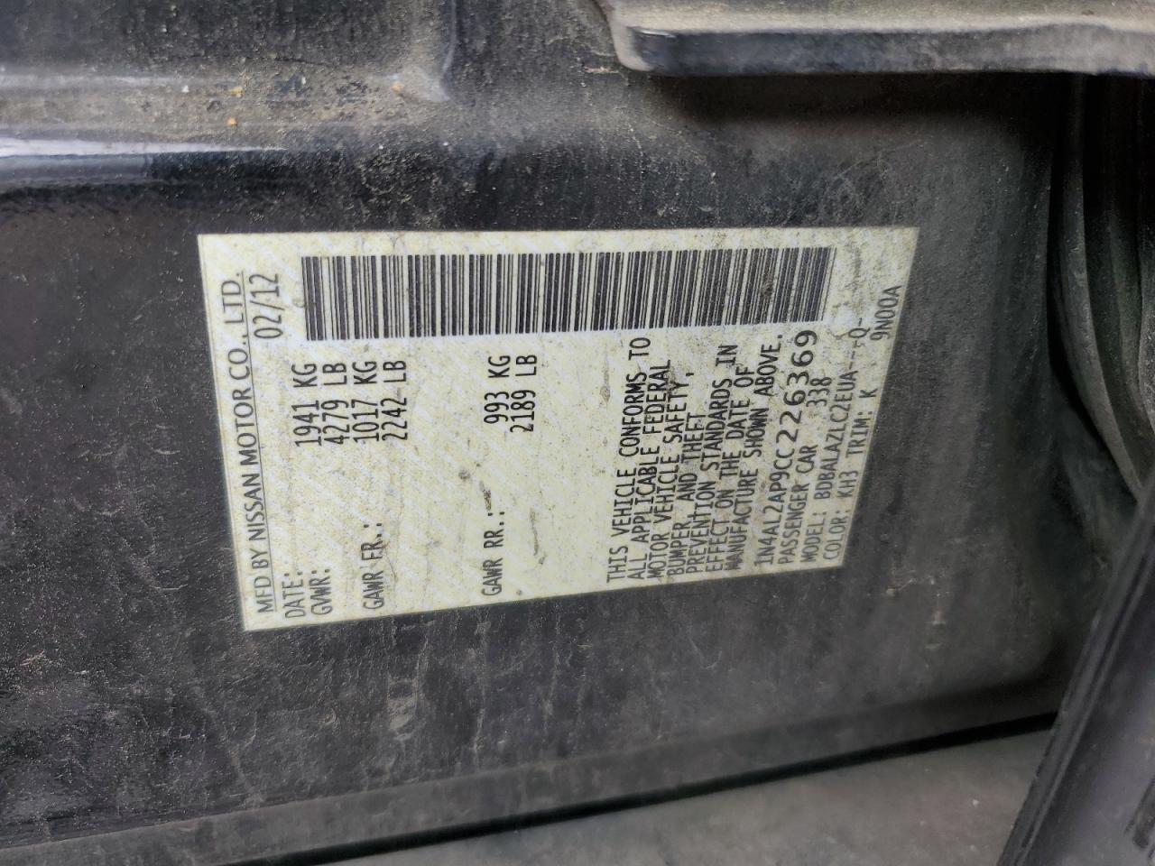 2012 Nissan Altima Base vin: 1N4AL2AP9CC226369