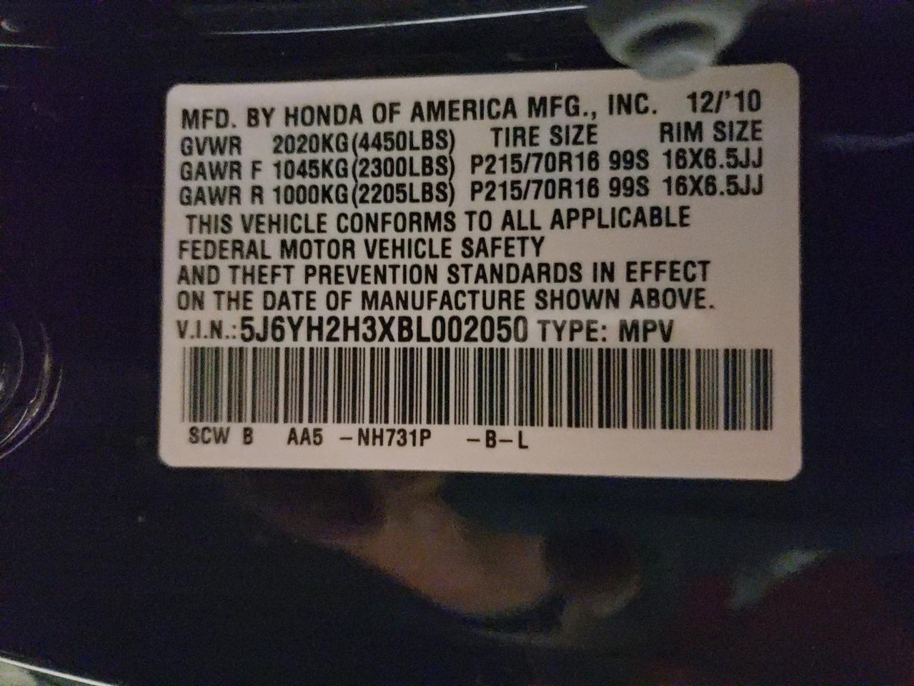 5J6YH2H3XBL002050 2011 Honda Element Lx