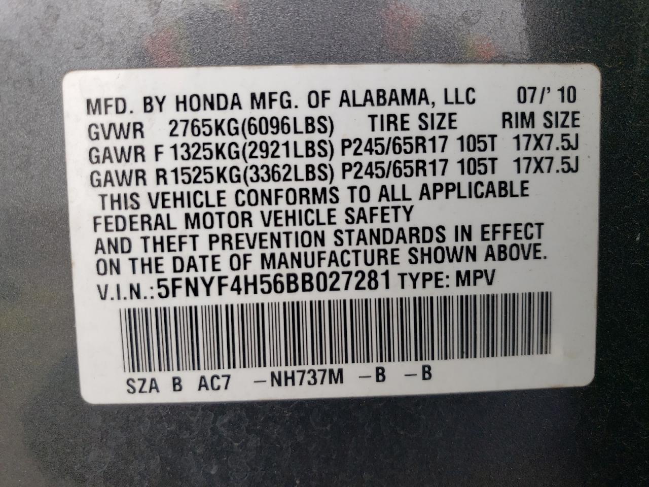 5FNYF4H56BB027281 2011 Honda Pilot Exl