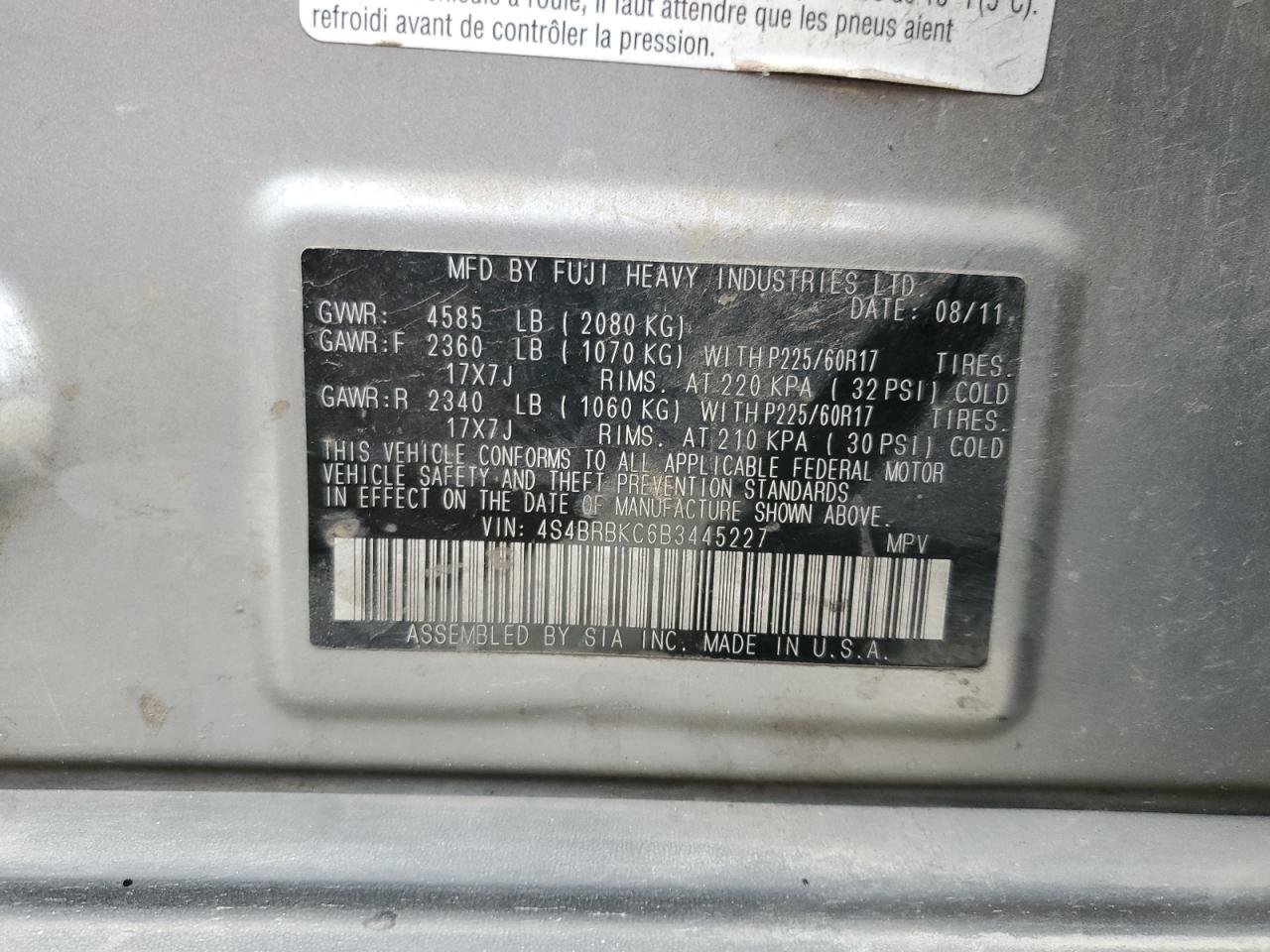 4S4BRBKC6B3445227 2011 Subaru Outback 2.5I Limited