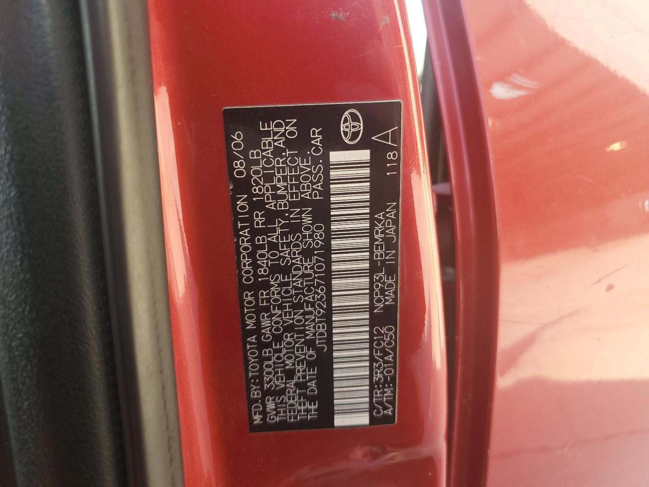 JTDBT923671071980 2007 Toyota Yaris