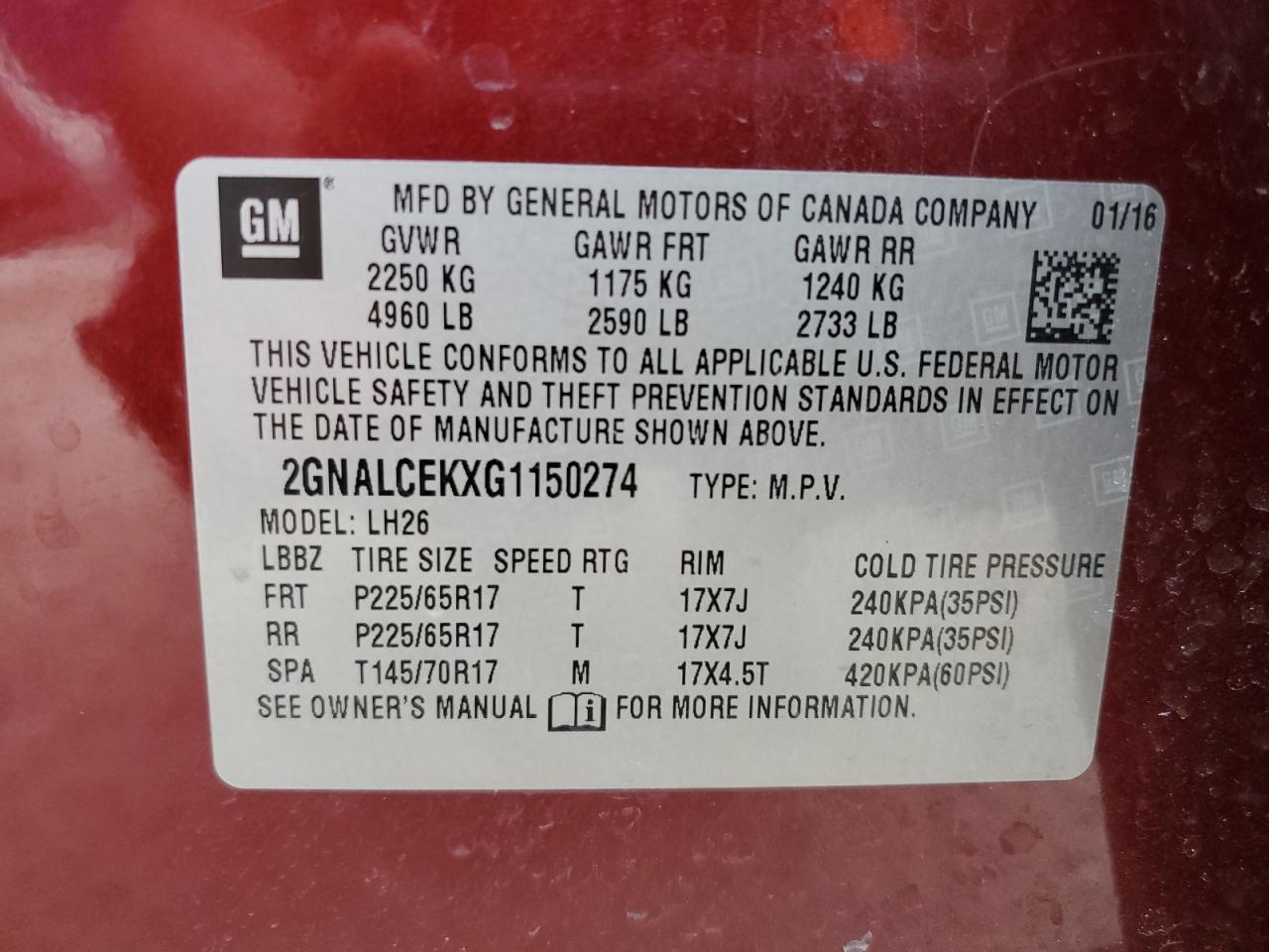 2GNALCEKXG1150274 2016 Chevrolet Equinox Lt