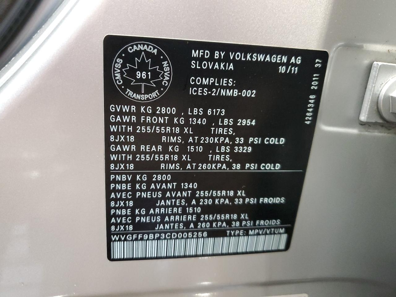 WVGFF9BP3CD005256 2012 Volkswagen Touareg V6