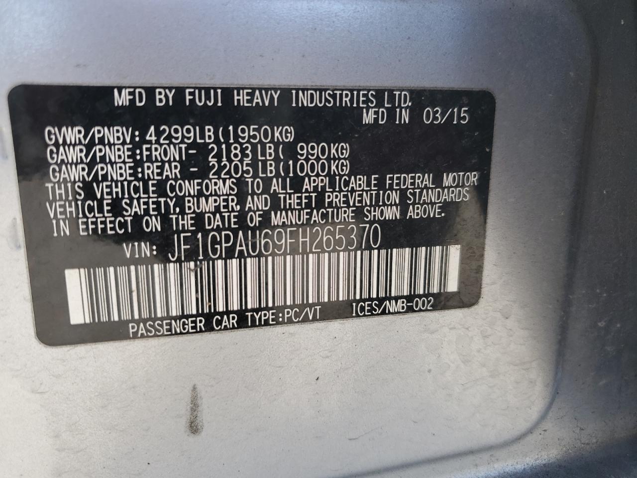 JF1GPAU69FH265370 2015 Subaru Impreza Sport