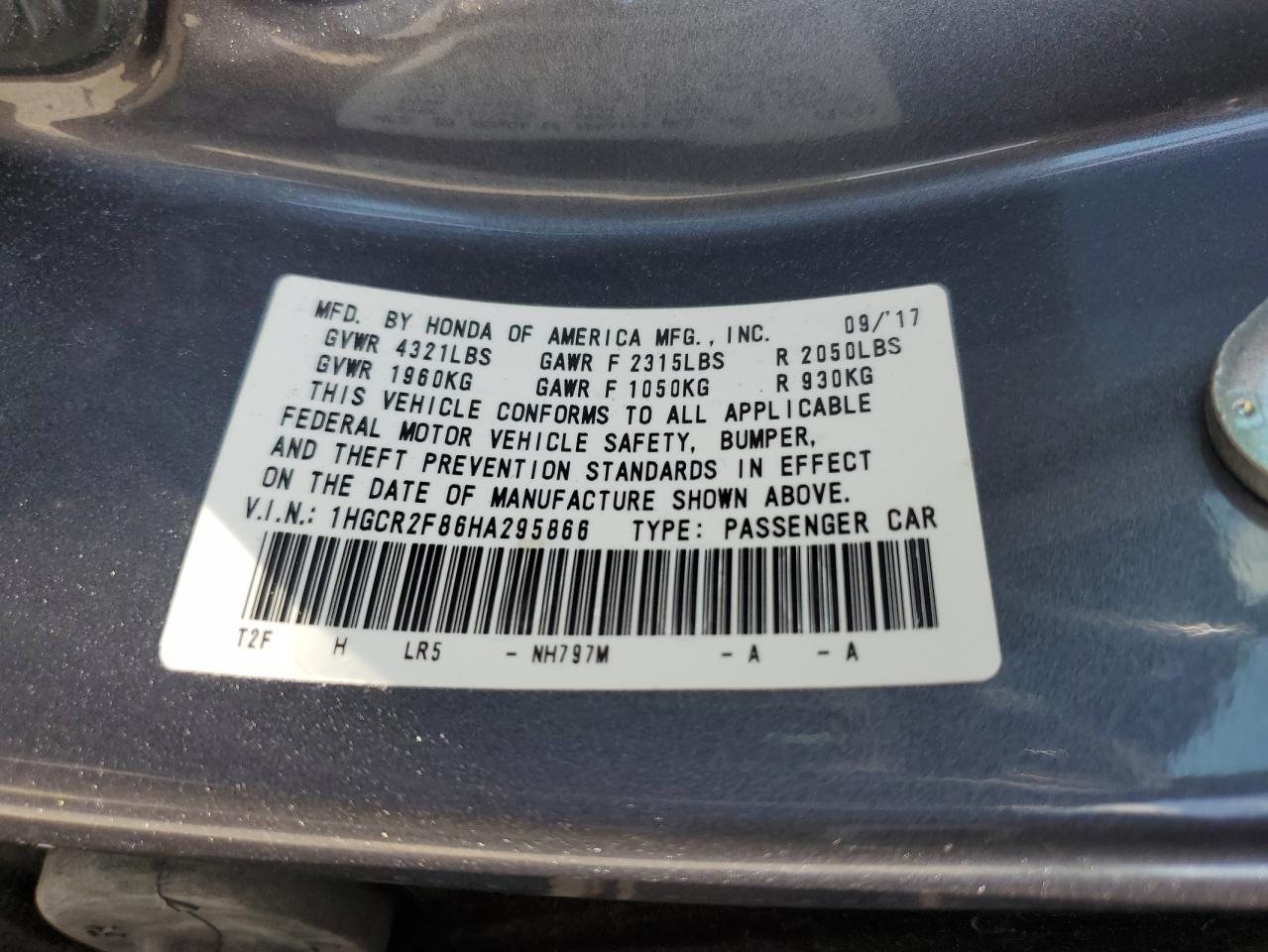 1HGCR2F86HA295866 2017 Honda Accord Exl