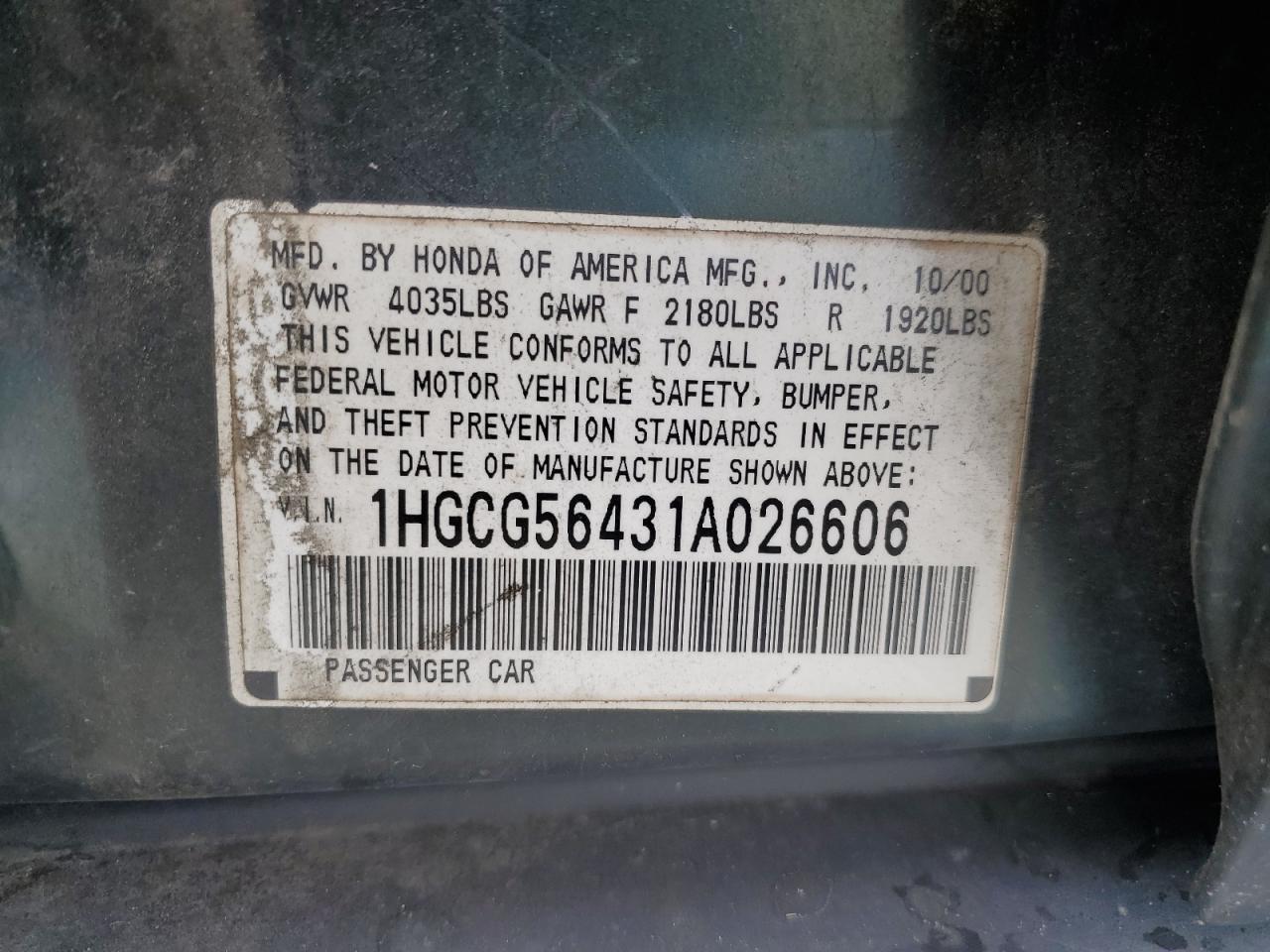 1HGCG56431A026606 2001 Honda Accord Lx