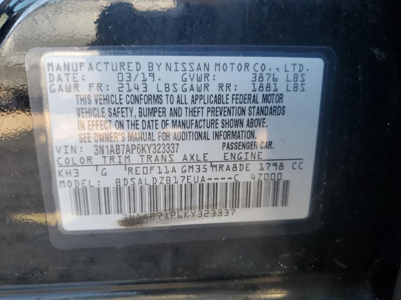 3N1AB7AP6KY323337 2019 Nissan Sentra S