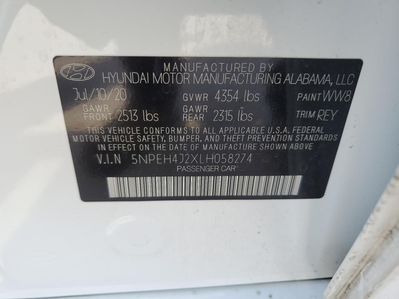 5NPEH4J2XLH058274 2020 Hyundai Sonata Limited