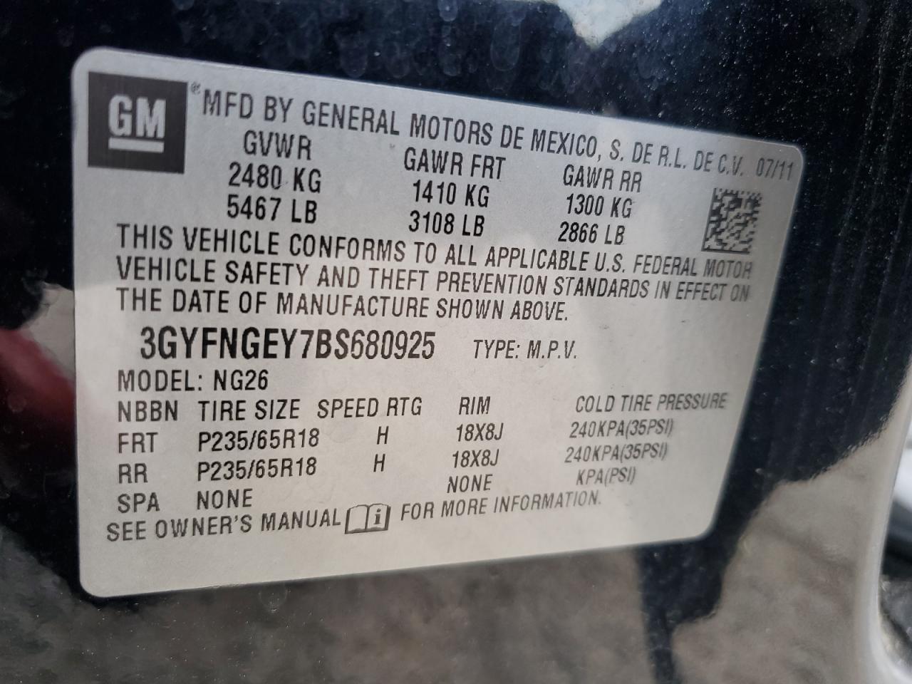 3GYFNGEY7BS680925 2011 Cadillac Srx