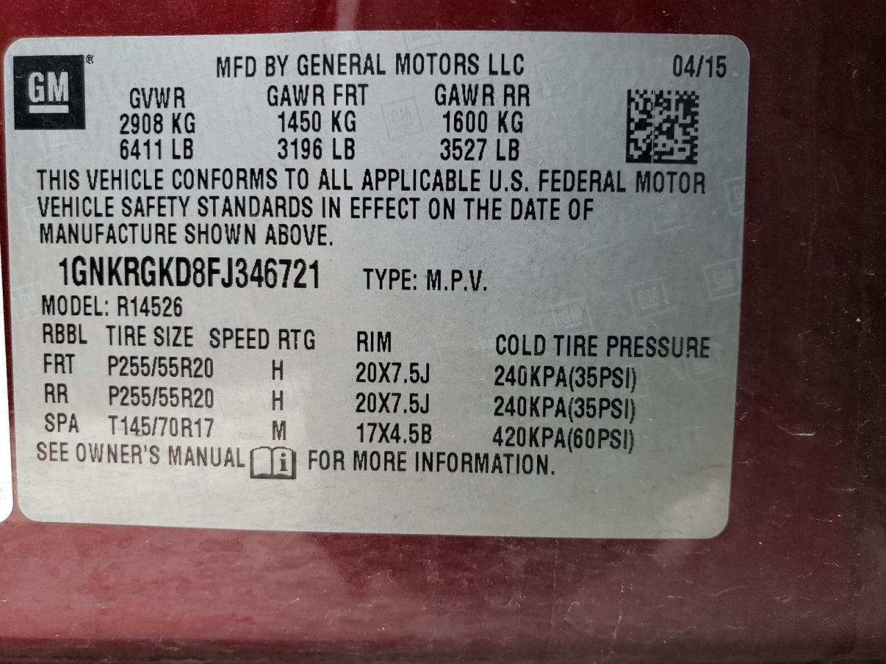 1GNKRGKD8FJ346721 2015 Chevrolet Traverse Lt