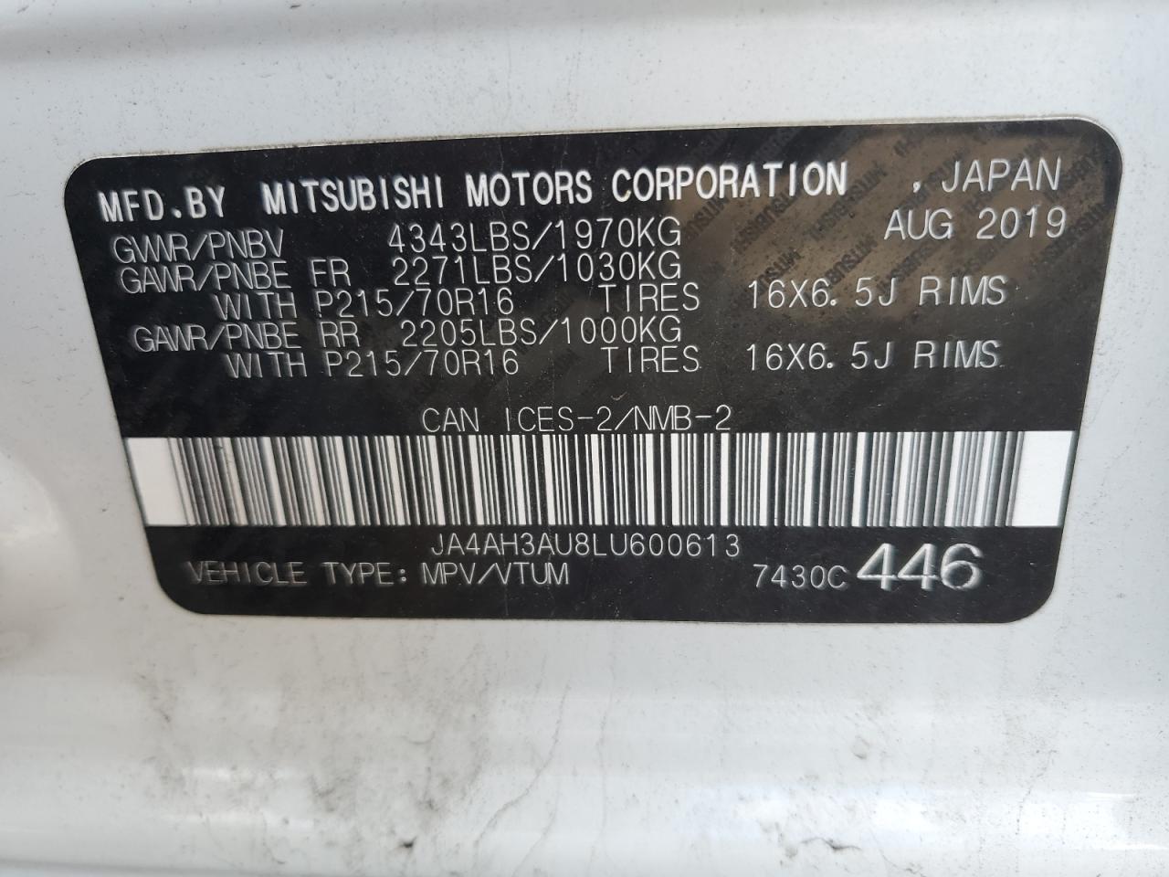 JA4AH3AU8LU600613 2020 Mitsubishi Rvr Se