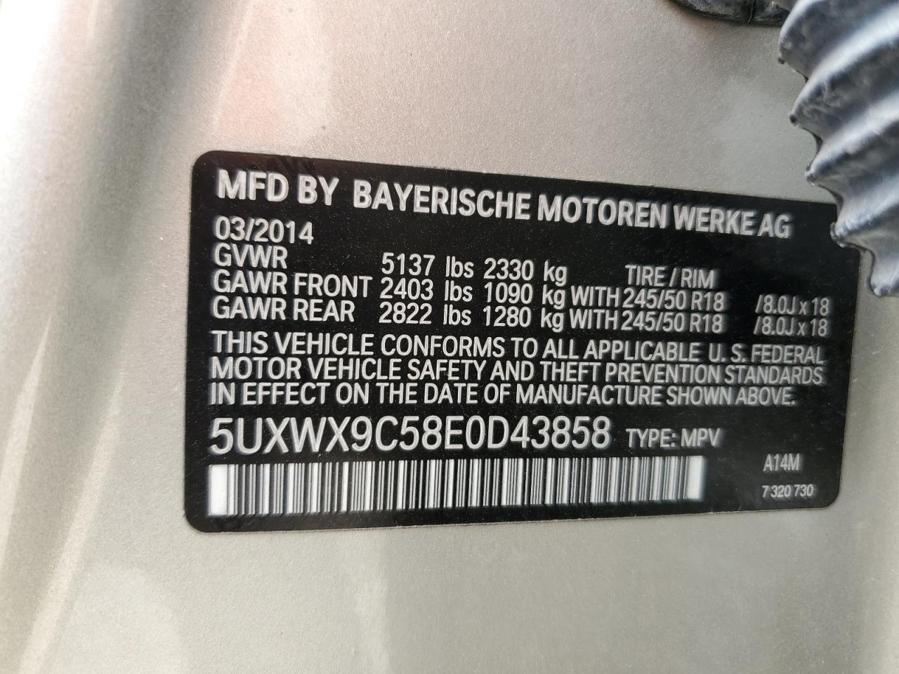 5UXWX9C58E0D43858 2014 BMW X3 xDrive28I