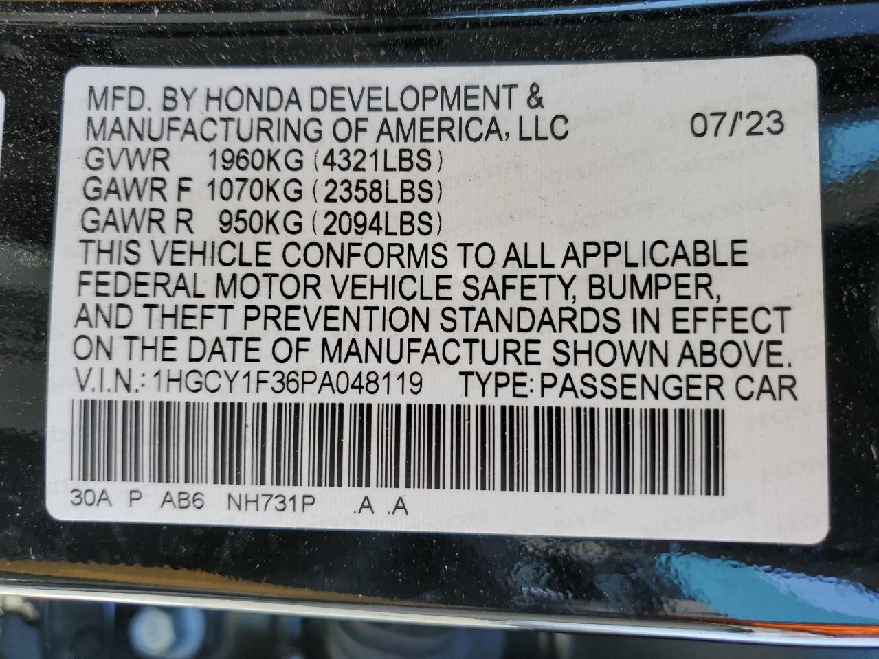 1HGCY1F36PA048119 HONDA ACCORD 2023
