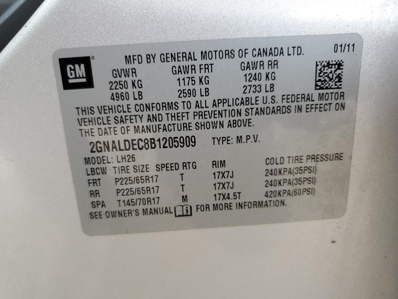 2GNALDEC8B1205909 2011 Chevrolet Equinox Lt