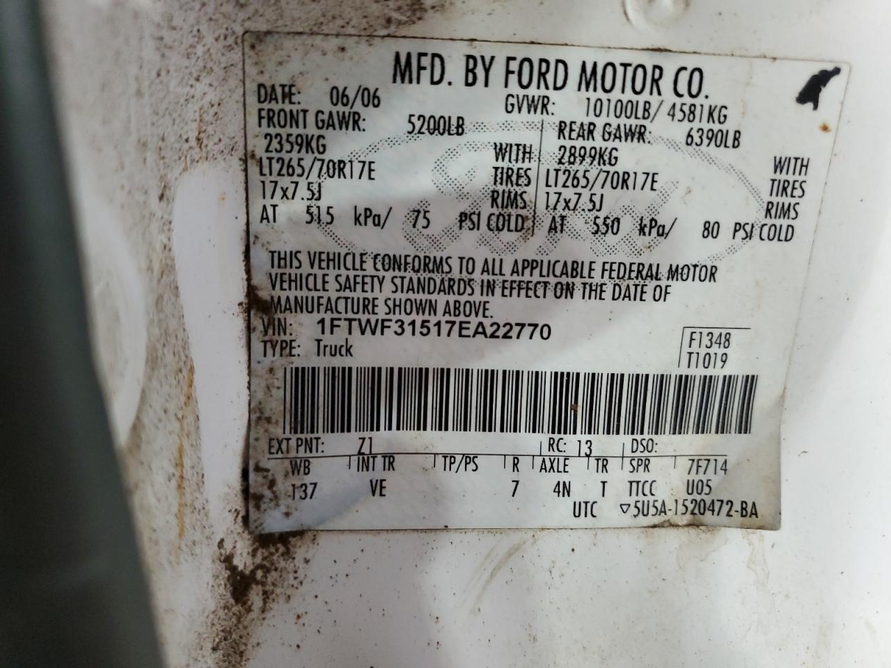 1FTWF31517EA22770 2007 Ford F350 Srw Super Duty