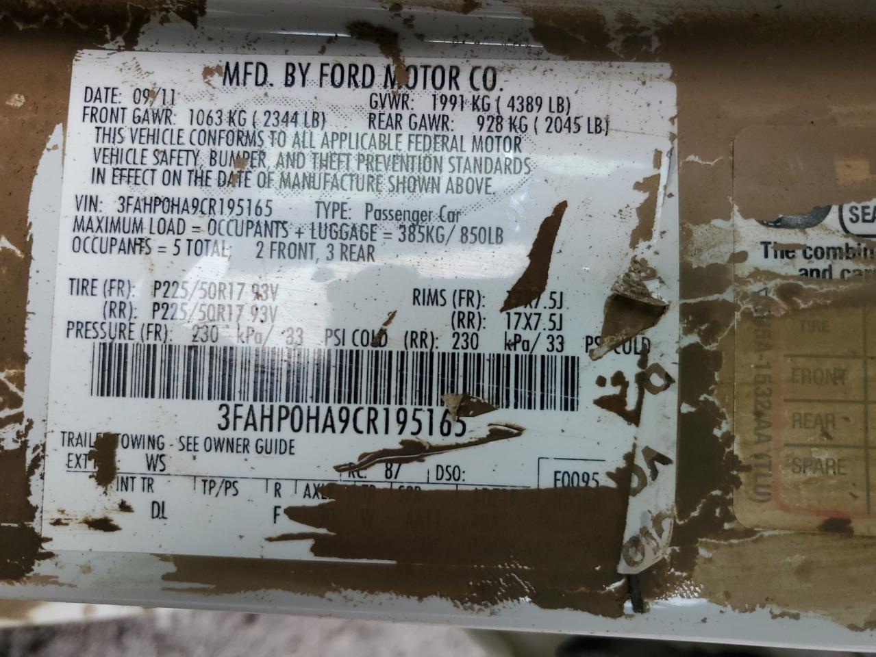 3FAHP0HA9CR195165 2012 Ford Fusion Se