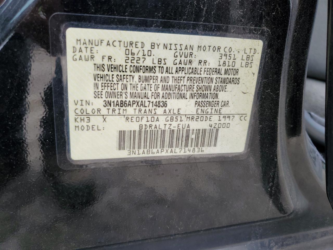 3N1AB6APXAL714836 2010 Nissan Sentra 2.0