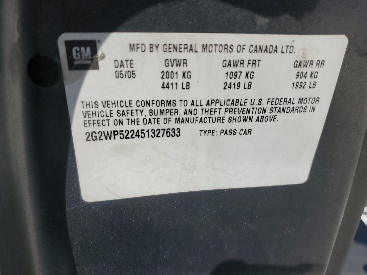 2G2WP522451327633 2005 Pontiac Grand Prix