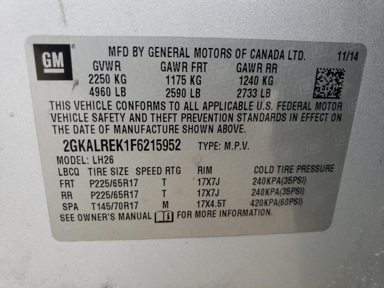 2GKALREK1F6215952 2015 GMC Terrain Sle