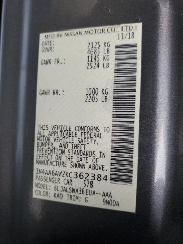 2019 Nissan Maxima S VIN: 1N4AA6AV2KC362384 Lot: 50436364