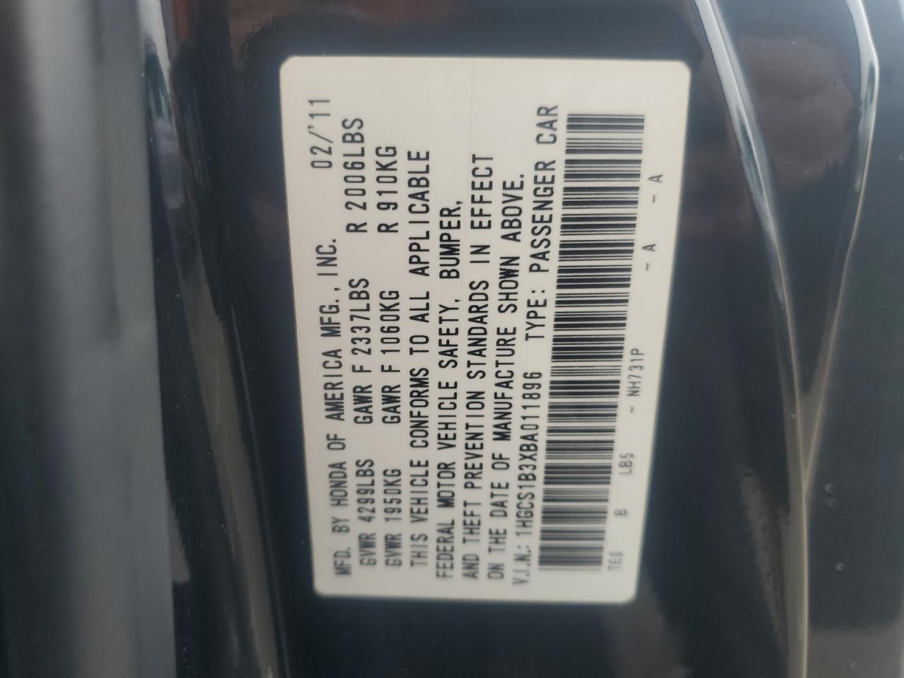 1HGCS1B3XBA011896 2011 Honda Accord Lx-S