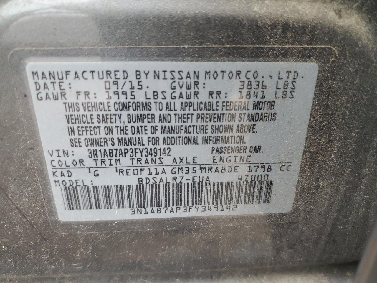 3N1AB7AP3FY349142 2015 Nissan Sentra S