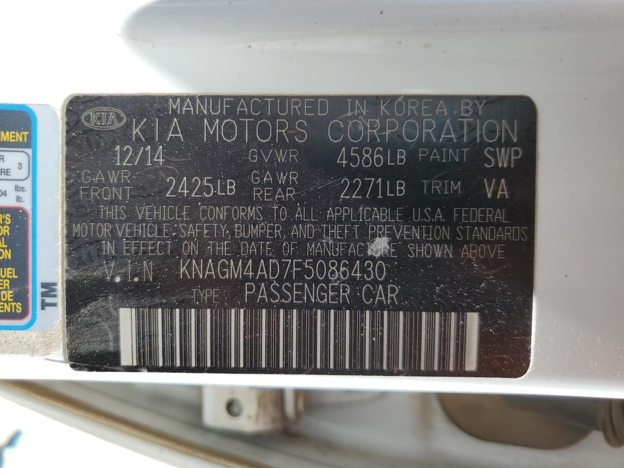 KNAGM4AD7F5086430 2015 Kia Optima Hybrid