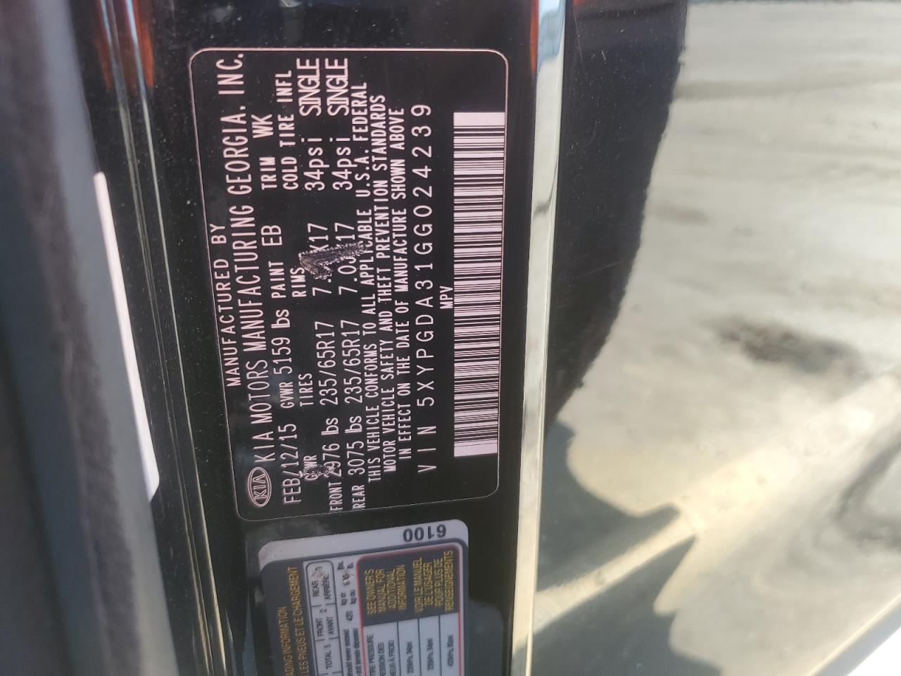 5XYPGDA31GG024239 2016 Kia Sorento Lx