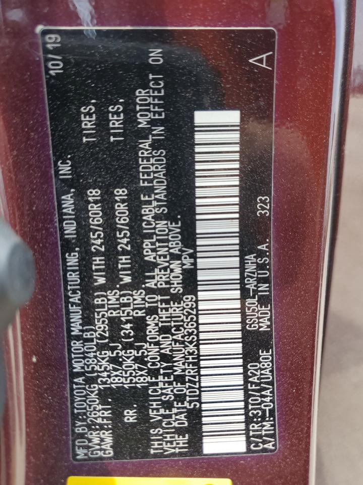 5TDZZRFH3KS365299 2019 Toyota Highlander Le