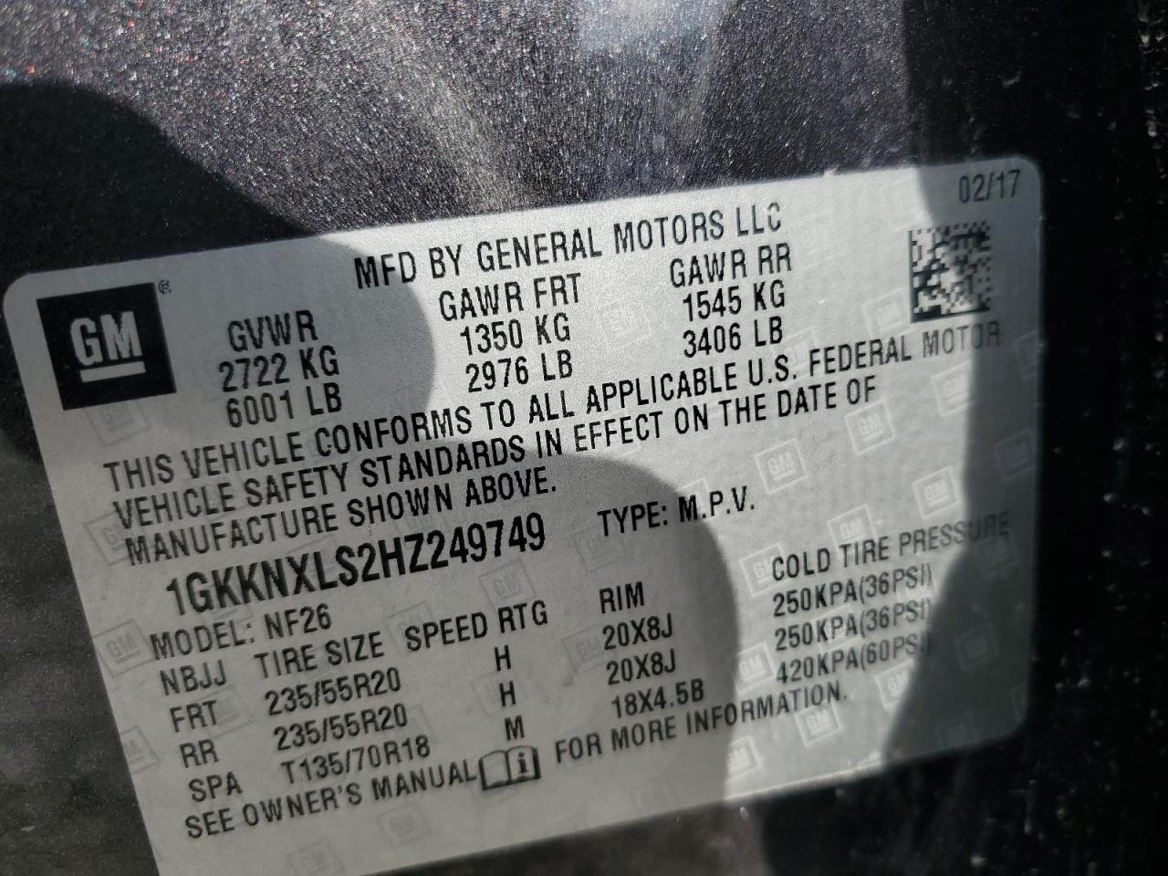 1GKKNXLS2HZ249749 2017 GMC Acadia Denali