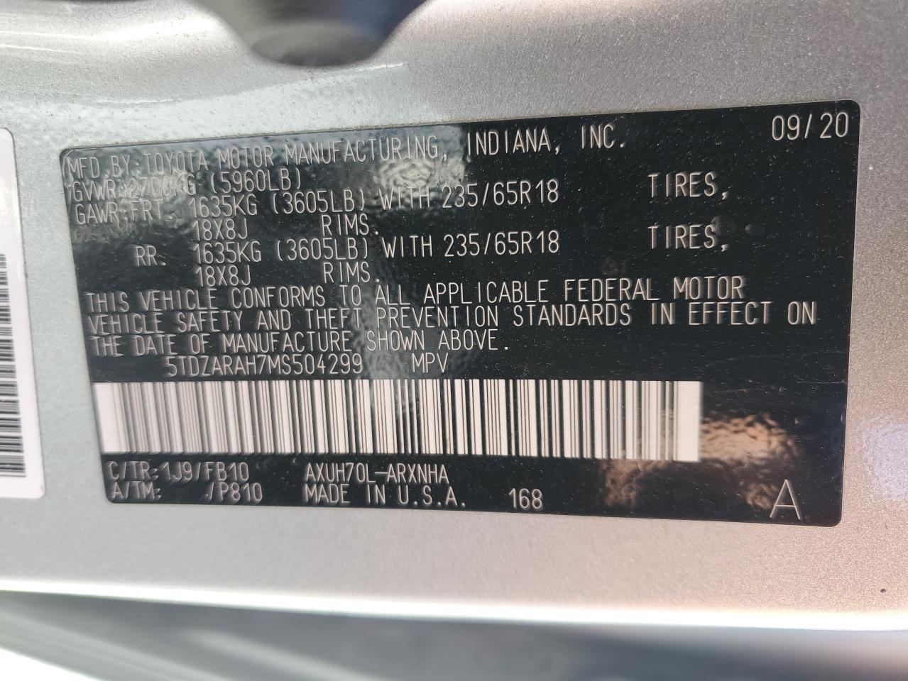 5TDZARAH7MS504299 2021 Toyota Highlander Hybrid Le