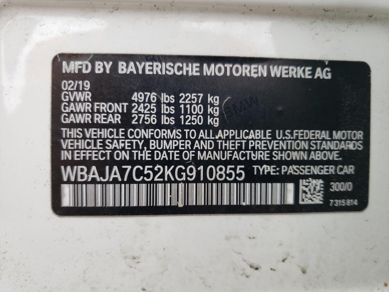 WBAJA7C52KG910855 2019 BMW 530 Xi