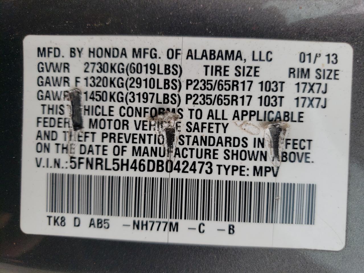 5FNRL5H46DB042473 2013 Honda Odyssey Ex