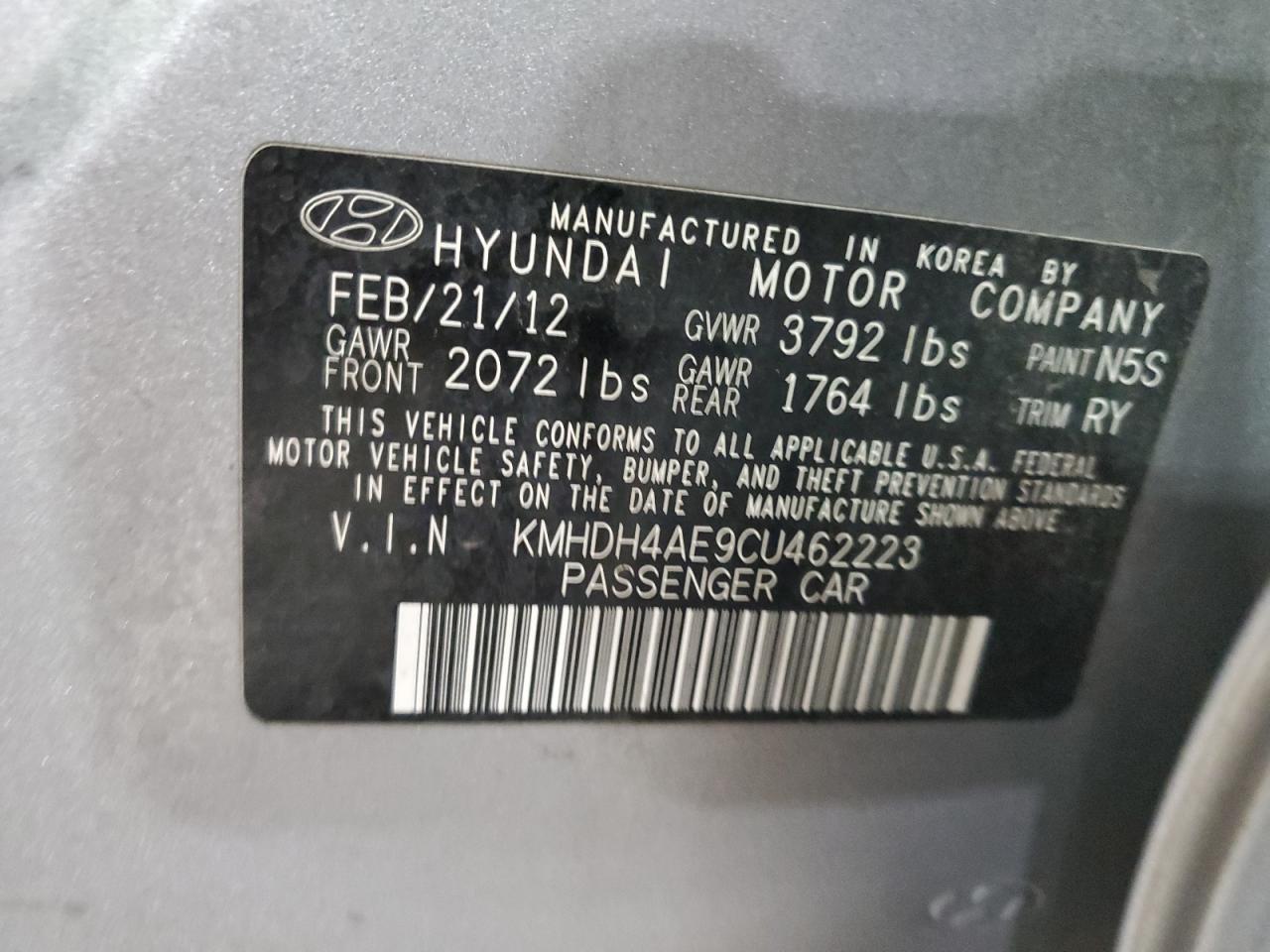 KMHDH4AE9CU462223 2012 Hyundai Elantra Gls