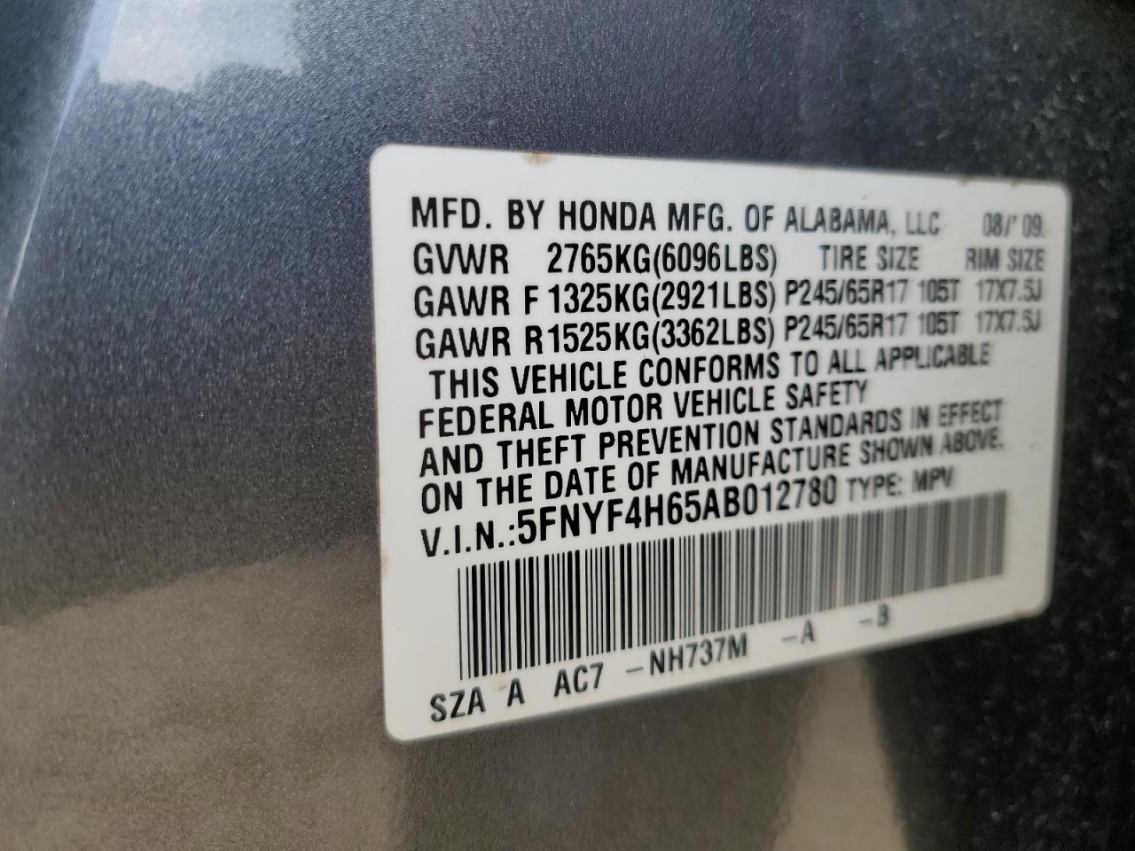 5FNYF4H65AB012780 2010 Honda Pilot Exl