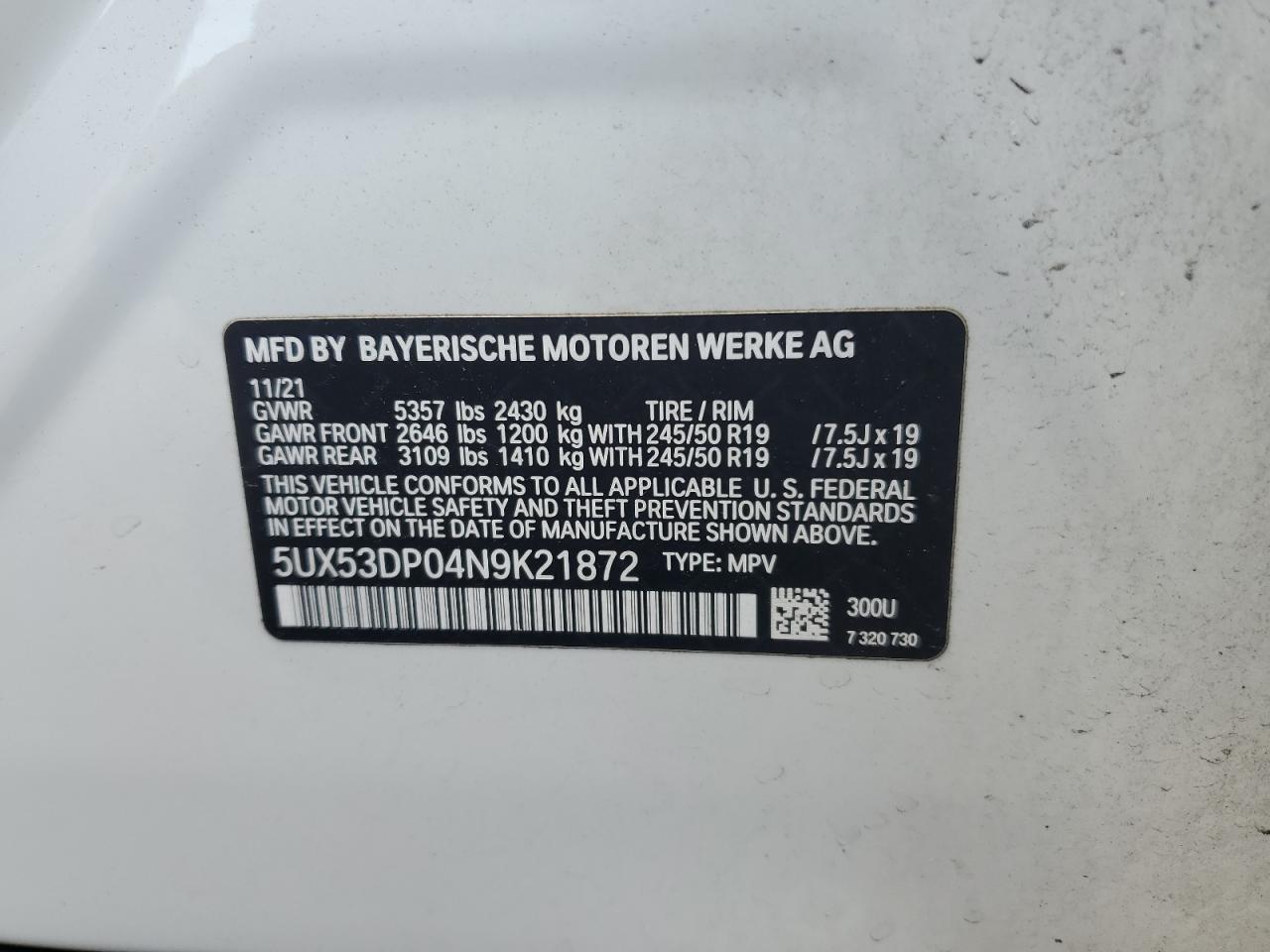 5UX53DP04N9K21872 2022 BMW X3 xDrive30I