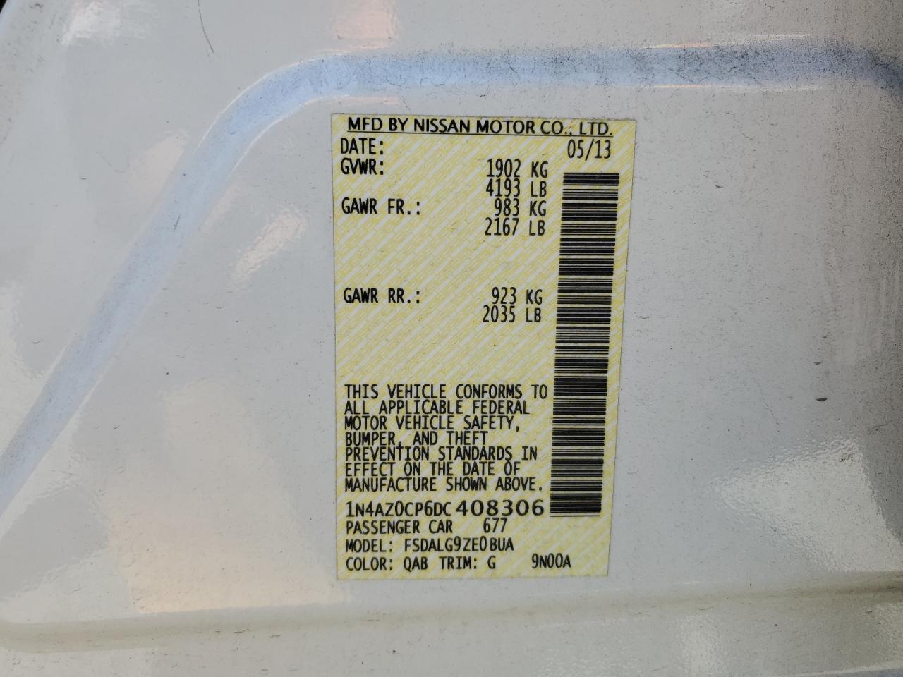 1N4AZ0CP6DC408306 2013 Nissan Leaf S