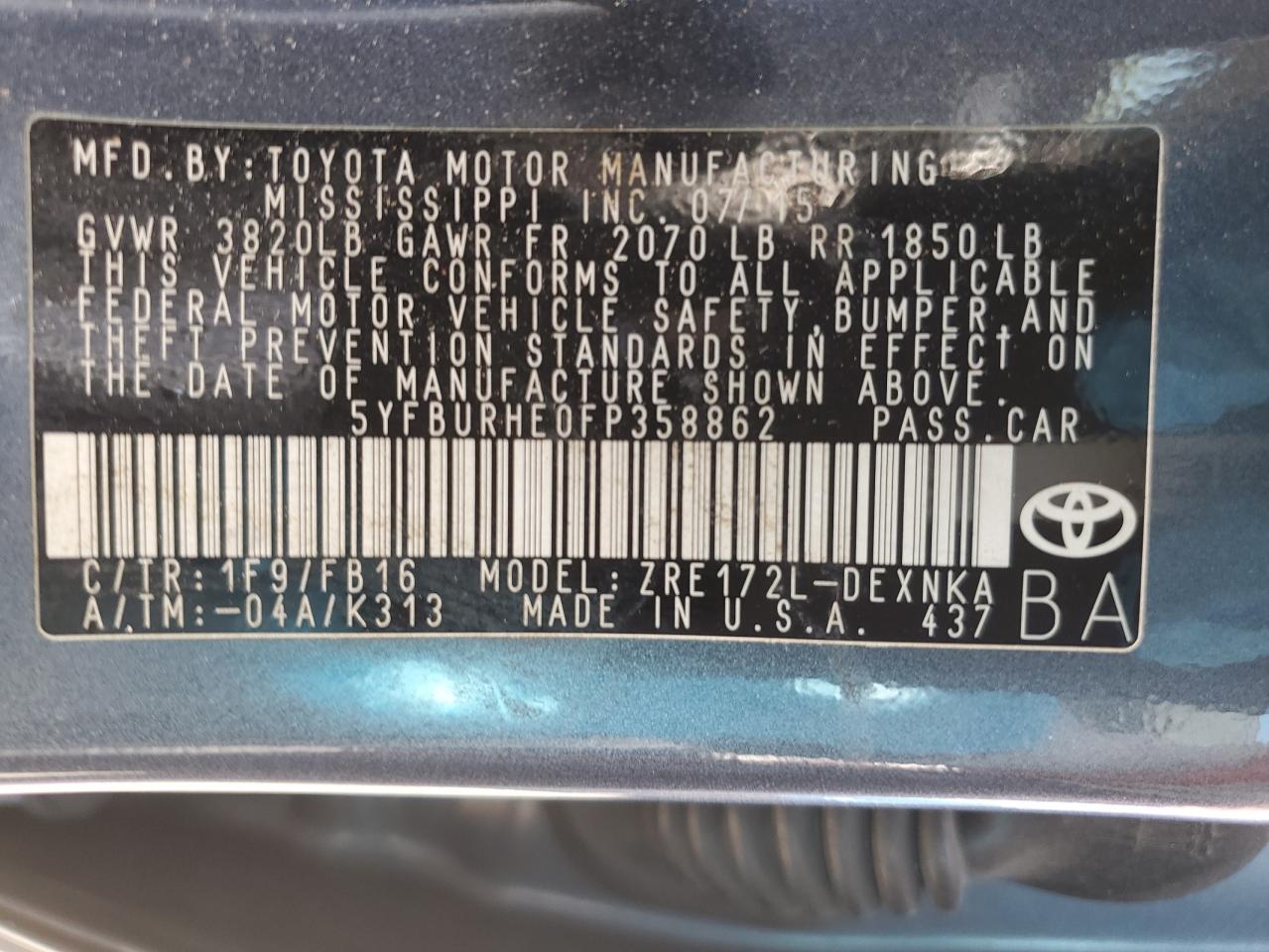 5YFBURHE0FP358862 2015 Toyota Corolla L