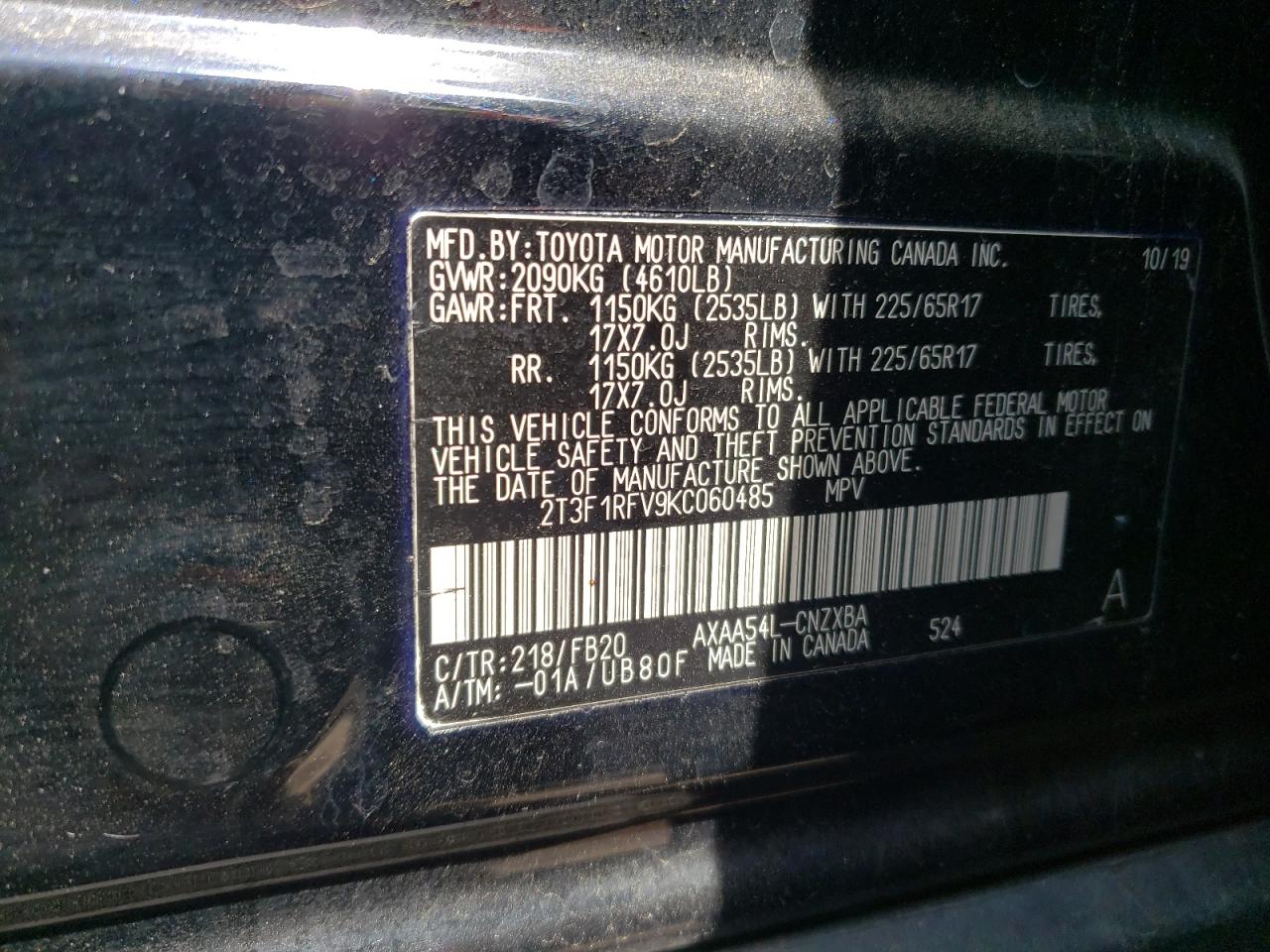 2T3F1RFV9KC060485 2019 Toyota Rav4 Le